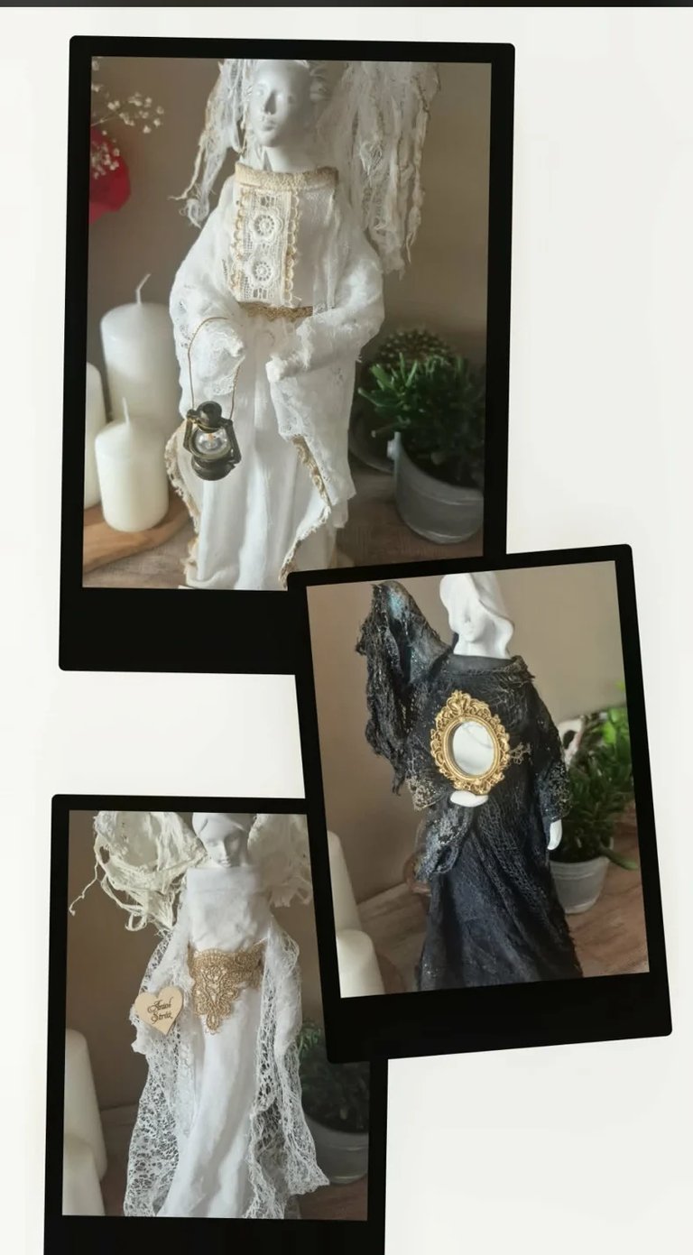Three polaroid-style photos of decorative doll figurines wearing lace and ornate clothing in white and black with gold accents, displayed with small potted plants