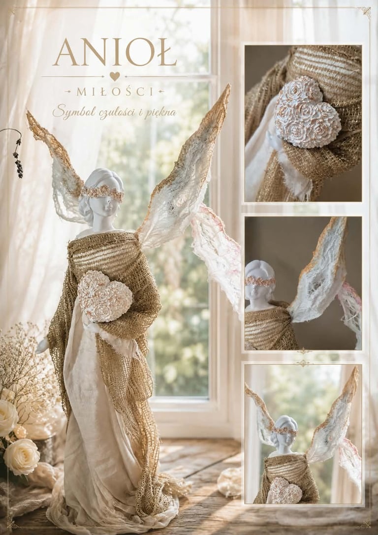 Angel figurines with white lace wings and burlap dress displayed as interior decoration symbols, shown from multiple angles