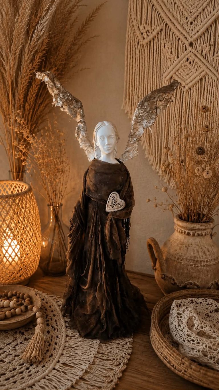 White mannequin with metallic angel wings wearing black dress surrounded by boho decor including dried pampas grass and woven baskets