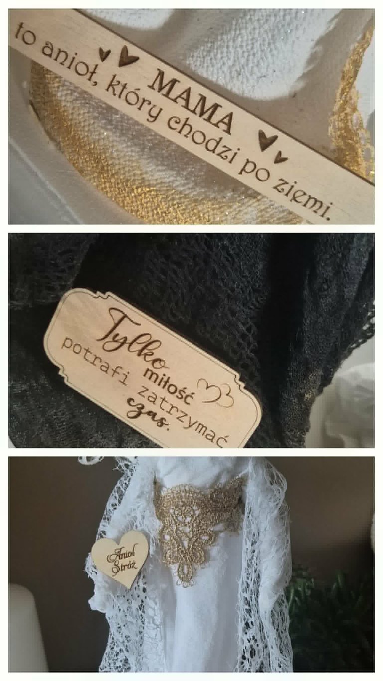Three handmade gift tags attached to white and gold textured fabrics with Polish text messages