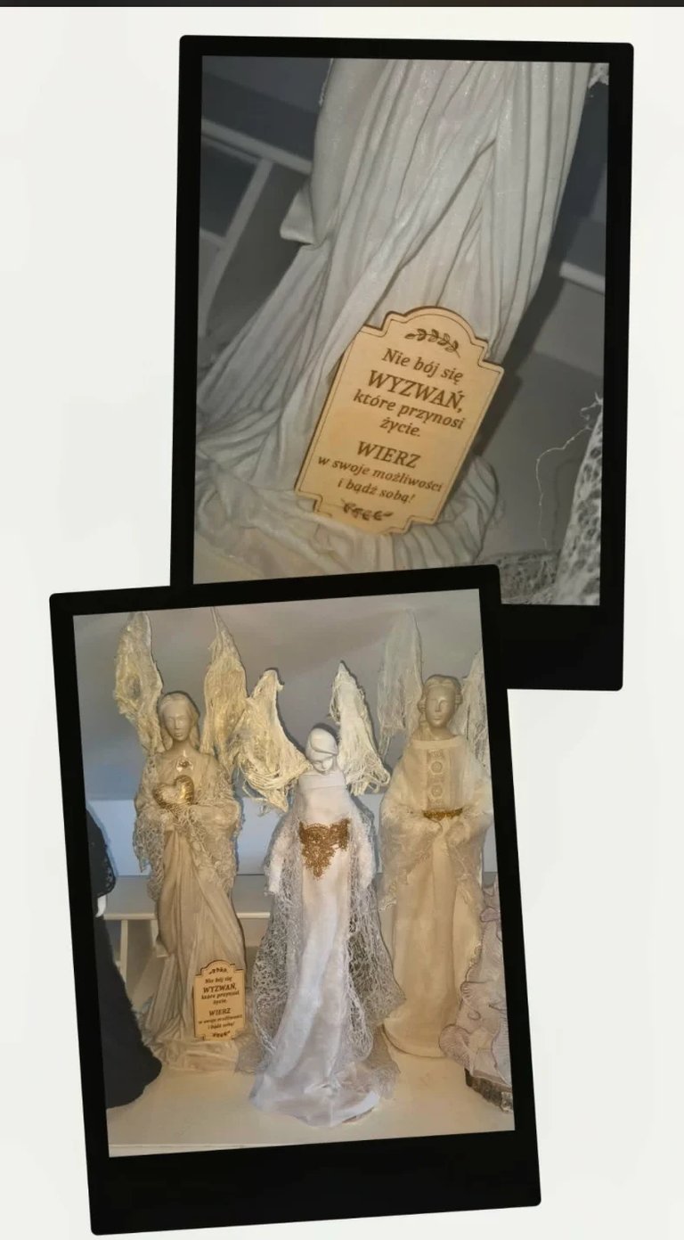 Two polaroid photos displaying decorative angel figurines with white and gold dresses and wings in museum display