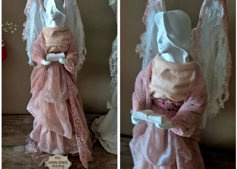 Mannequin wearing vintage pink dress with sheer white veil and beaded purple belt, displayed against draped fabric backdrop