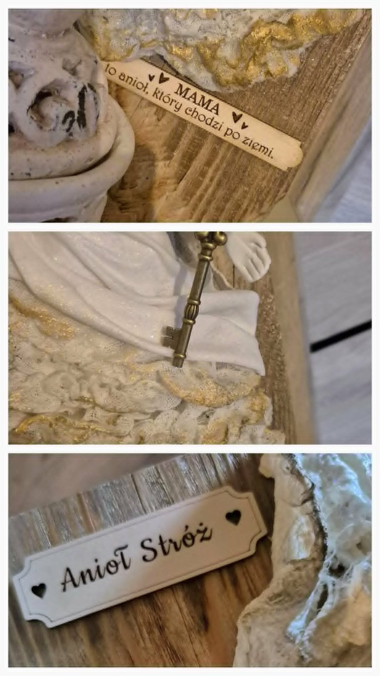 Three close-up photos of decorative wooden tags with Polish text and hearts attached to cream and gold gift items