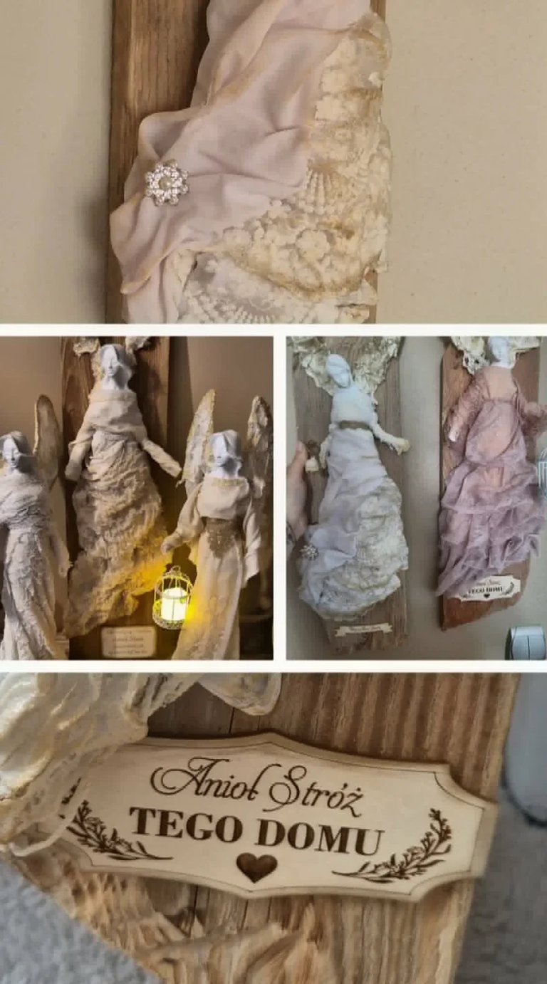 Collection of decorative angel figurines with lace and fabric details, displayed on wooden stands with the text Aniol Stroz TEGO DOMU