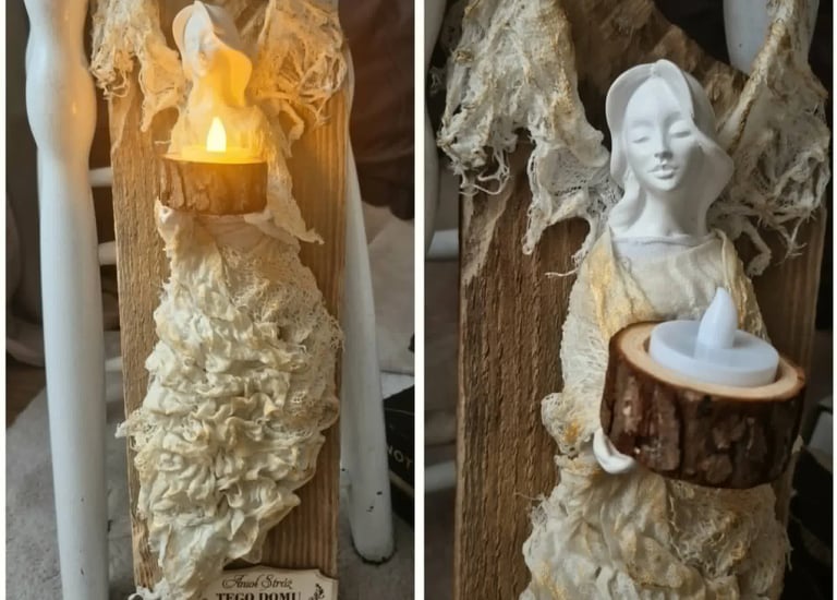 Two views of a wooden sculpture with white bust and carved ornamental details, one showing interior lighting